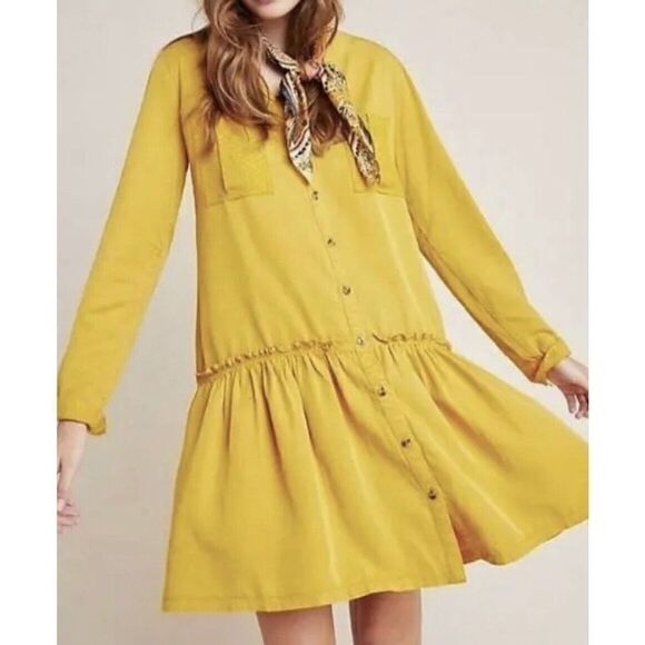 Anthropologie Maeve Marlie‎ Dress Sz 12 Button Front Collar Yellow Gold - Picture 2 of 8